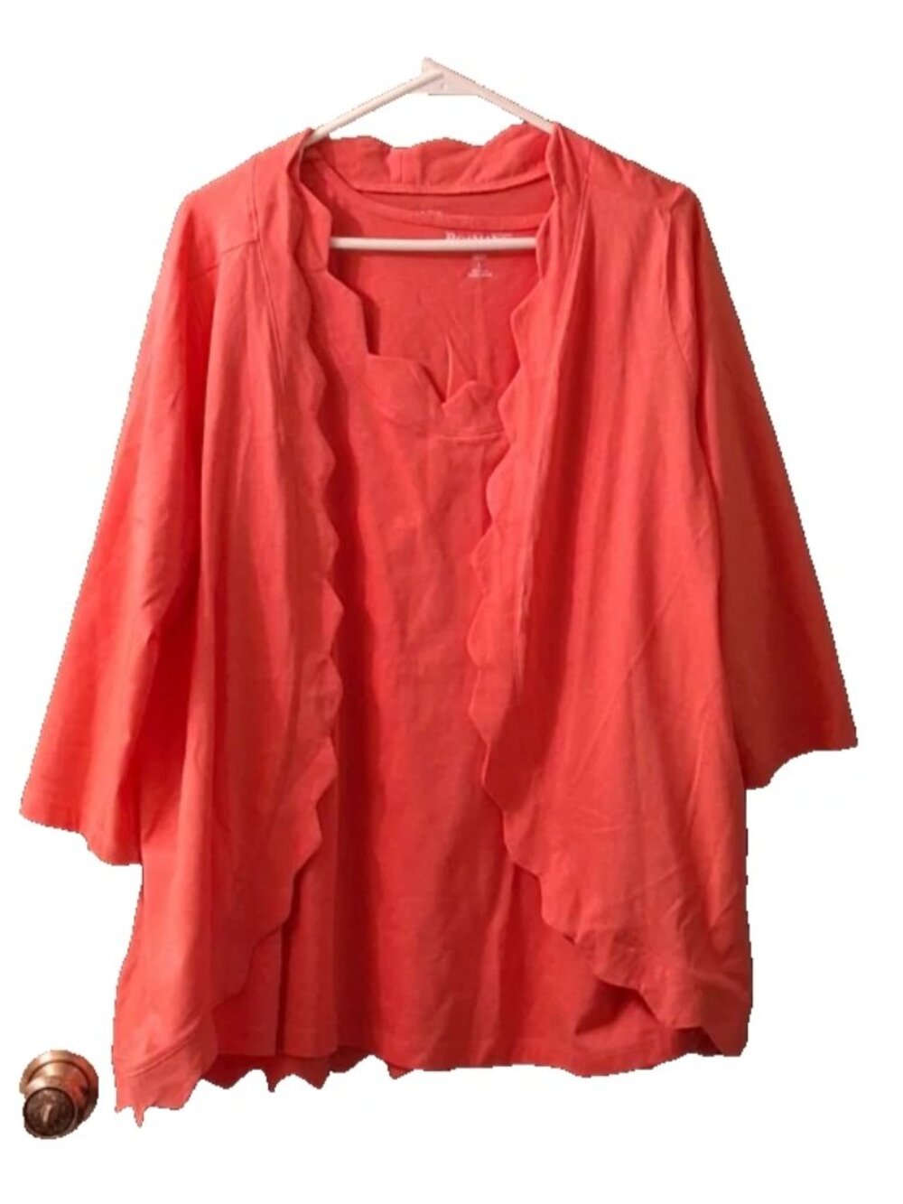 Women's Size Large Orange Open Cardigan 3/4 Sleeve and Tank Set Cotton